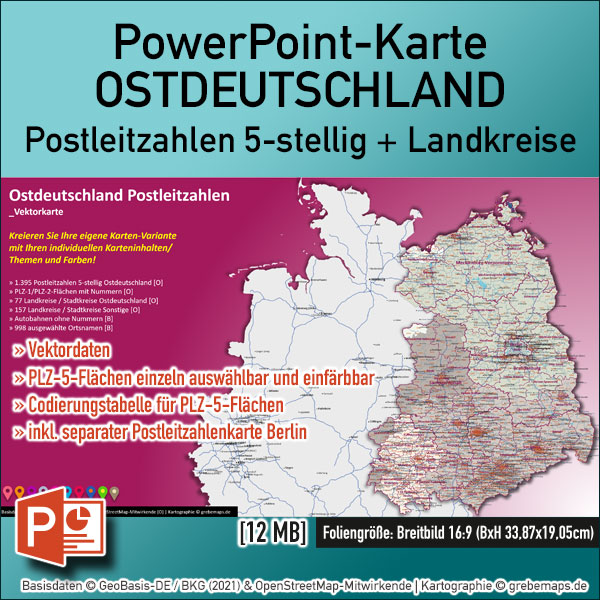 Postleitzahlenkarte Ostdeutschland Mitteldeutschland PowerPoint, PowerPoint-Karte Ostdeutschland Postleitzahlen, PowerPoint-Landkarte Ostdeutschland PowerPoint PLZ, PLZ-Karte Ostdeutschland PowerPoint, Vektordaten, Vektorkarte, einfärbbar, bearbeitbar, einzelne Flächen