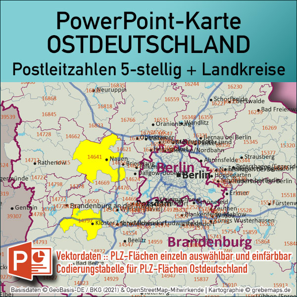 PowerPoint-Karte Ostdeutschland Postleitzahlen PLZ 5-stellig mit Landkreisen - Brandenburg-Berlin Sachsen Sachsen/-Anhalt Mecklenburg-Vorpommern Thüringen Vektorkarte [Digital] – Bild 2