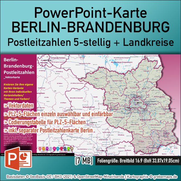 PowerPoint-Landkarte Berlin Brandenburg Postleitzahlen, PowerPoint-Karte Berlin Brandenburg Postleitzahlen, Postleitzahlenkarte Berlin Brandenburg für PowerPoint, Vektorkarte, Vektordaten, Flächen einzeln auswählbar und einfärbbar, PLZ-Karte PowerPoint Berlin Brandenburg, Karte PLZ Brandenburg berlin Powerpoint