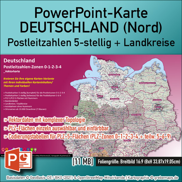 Postleitzahlenkarte Deutschland (Nord) PowerPoint, PowerPoint-Landkarte Deutschland Postleitzahlen Postleitzone 0-1-2-3-4, PowerPoint-Karte PLZ Postleitzone 0-1-2-3-4 Deutschland (Nord), Karte PLZ 5-stellig Deutschland PowerPoint