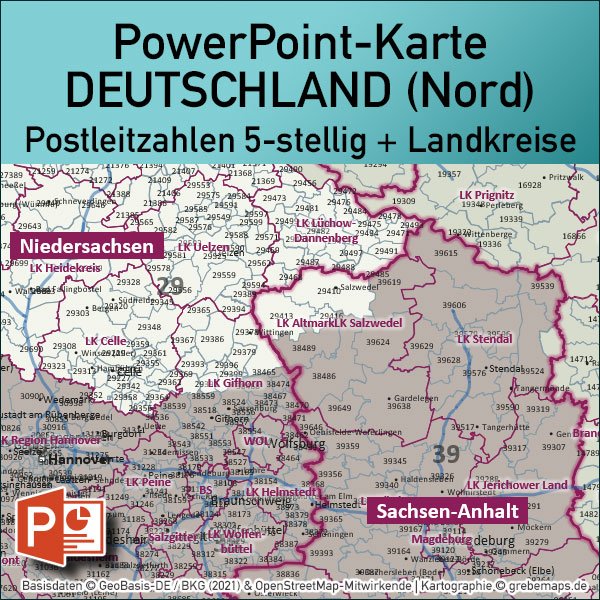 PowerPoint-Karte Deutschland (Nord) Postleitzahlen PLZ 5-stellig zu den Postleitzonen 0-1-2-3-4 mit Landkreisen - komplexe Vektorkarte [Digital] – Bild 2