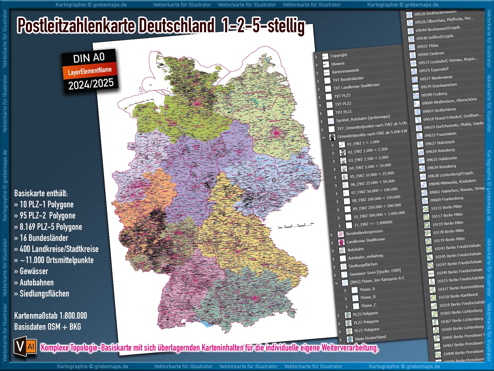 Deutschland Postleitzahlenkarte PLZ-1-2-5 (1-/2-/5-stellig) mit Landkreisen Autobahnen Ortsmittelpunkten Siedlungsflächen Vektorkarte (2024/25) Landkarte [Digital] – Bild 4