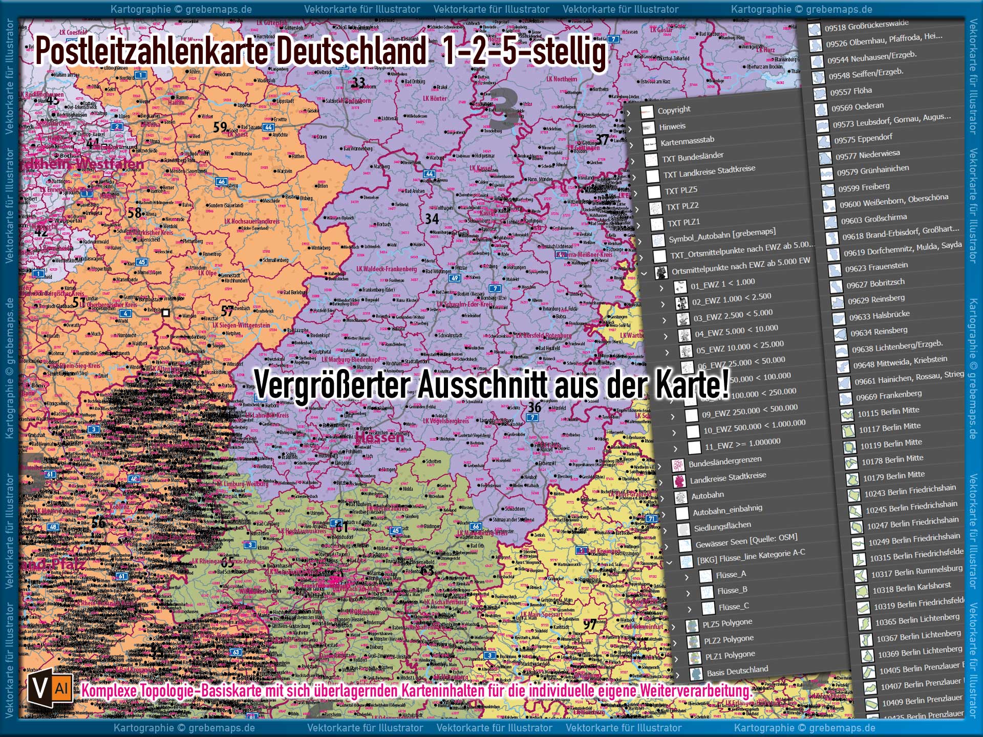 Deutschland Postleitzahlenkarte PLZ-1-2-5 (1-/2-/5-stellig) mit Landkreisen Autobahnen Ortsmittelpunkten Siedlungsflächen Vektorkarte (2024/25) Landkarte [Digital] – Bild 8