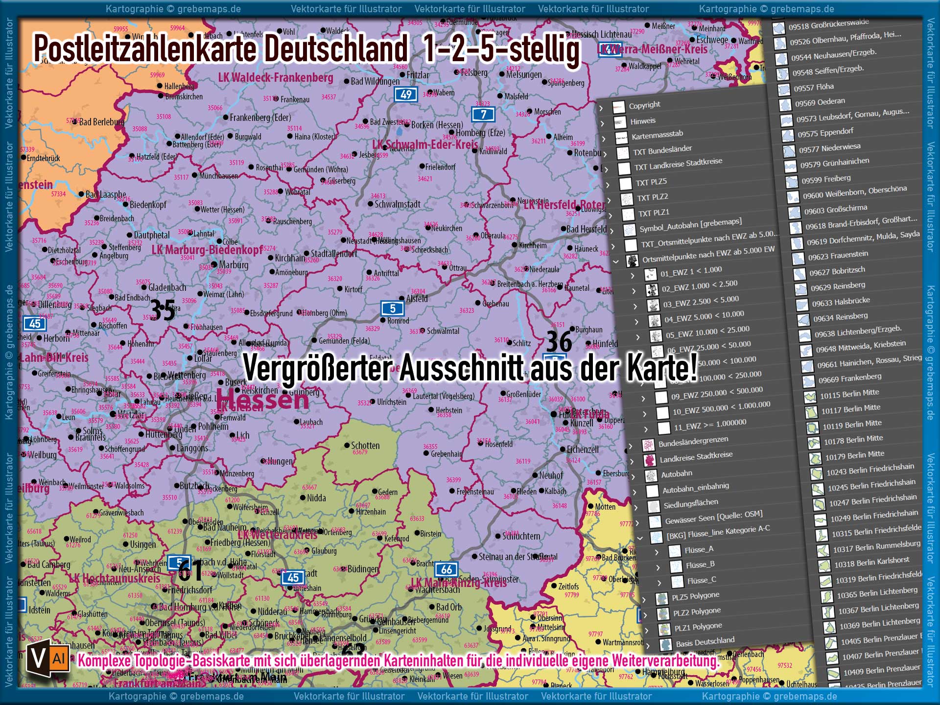 Deutschland Postleitzahlenkarte PLZ-1-2-5 (1-/2-/5-stellig) mit Landkreisen Autobahnen Ortsmittelpunkten Siedlungsflächen Vektorkarte (2024/25) Landkarte [Digital] – Bild 9