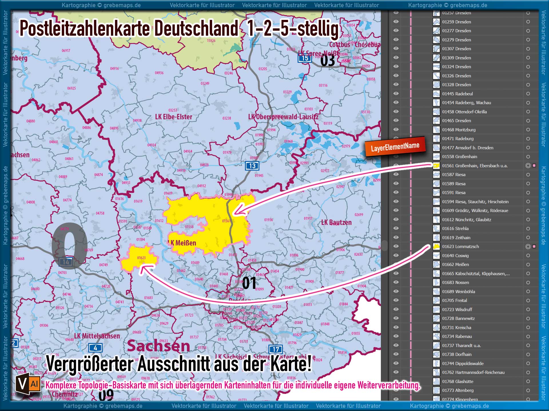 Deutschland Postleitzahlenkarte PLZ-1-2-5 (1-/2-/5-stellig) mit Landkreisen Autobahnen Ortsmittelpunkten Siedlungsflächen Vektorkarte (2024/25) Landkarte [Digital] – Bild 6
