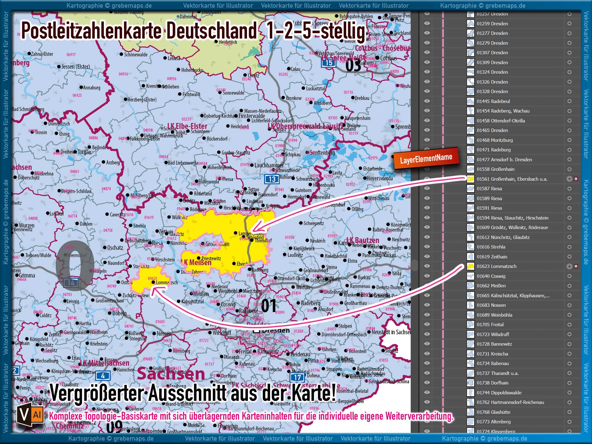 Deutschland Postleitzahlenkarte PLZ-1-2-5 (1-/2-/5-stellig) mit Landkreisen Autobahnen Ortsmittelpunkten Siedlungsflächen Vektorkarte (2024/25) Landkarte [Digital] – Bild 5