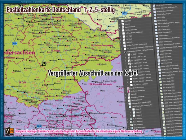 Deutschland Postleitzahlenkarte PLZ-1-2-5 (1-/2-/5-stellig) mit Landkreisen Autobahnen Ortsmittelpunkten Siedlungsflächen Vektorkarte (2024/25) Landkarte [Digital] – Bild 7