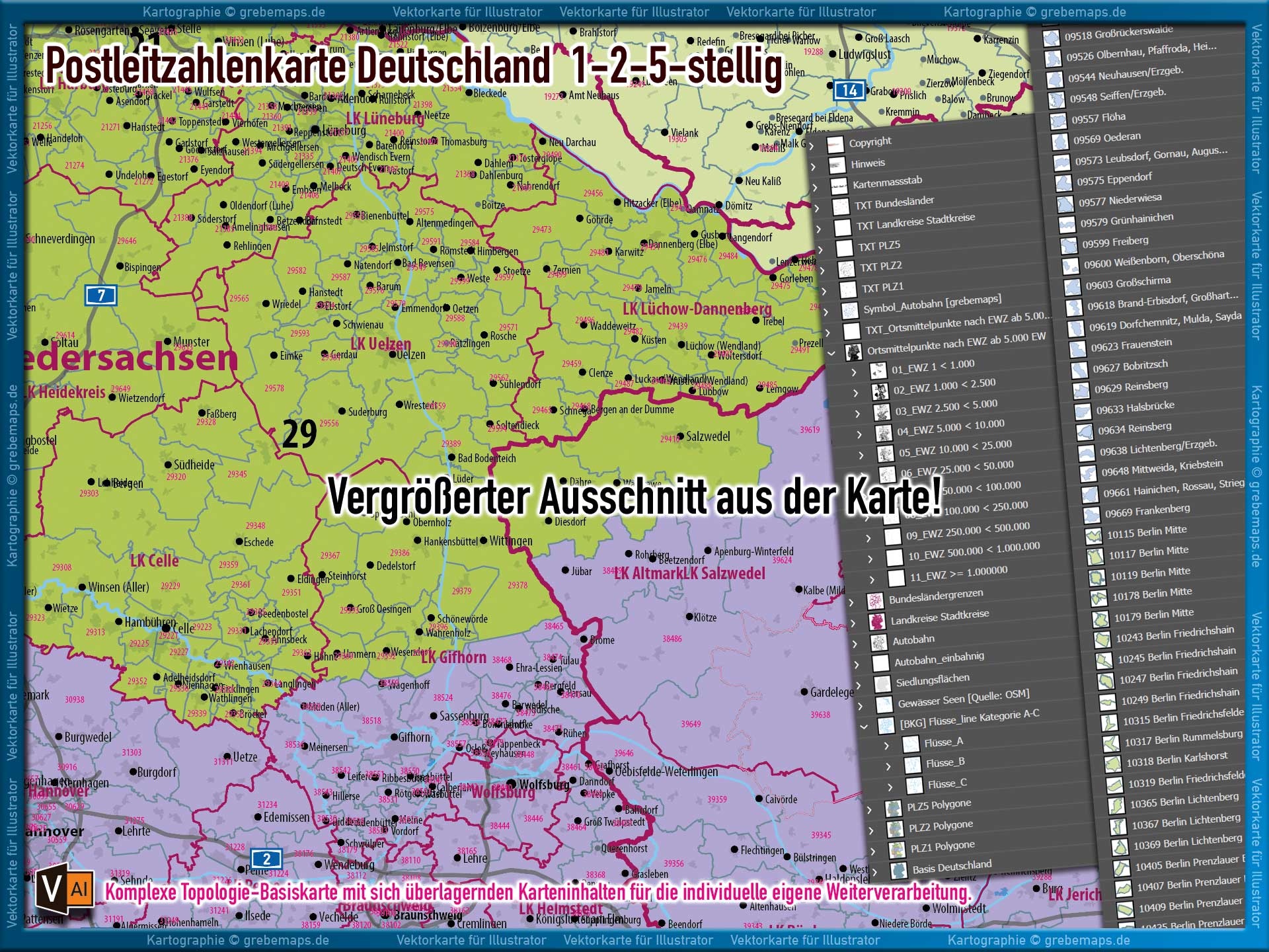 Deutschland Postleitzahlenkarte PLZ-1-2-5 (1-/2-/5-stellig) mit Landkreisen Autobahnen Ortsmittelpunkten Siedlungsflächen Vektorkarte (2024/25) Landkarte [Digital] – Bild 7