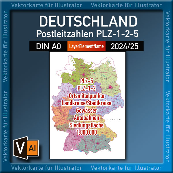 Vektorkarte Landkarte Karte Deutschland Postleitzahlen PLZ 5-stellig Landkreise editierbar ebenen-separiert AI-Datei download vector map