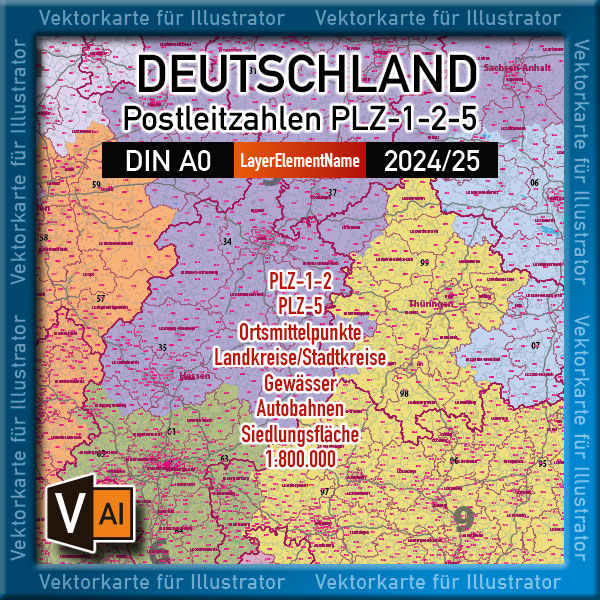 Deutschland Postleitzahlenkarte PLZ-1-2-5 (1-/2-/5-stellig) mit Landkreisen Autobahnen Ortsmittelpunkten Siedlungsflächen Vektorkarte (2024/25) Landkarte [Digital] – Bild 3