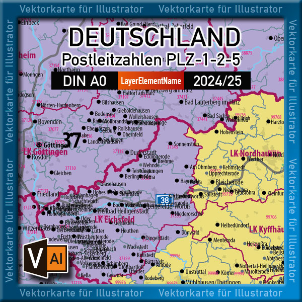 Deutschland Postleitzahlenkarte PLZ-1-2-5 (1-/2-/5-stellig) mit Landkreisen Autobahnen Ortsmittelpunkten Siedlungsflächen Vektorkarte (2024/25) Landkarte [Digital] – Bild 2