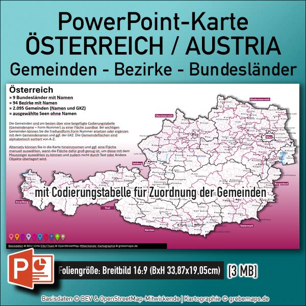 Landkarte PowerPoint Österreich Austria Gemeinden Bezirke Bundesländer Flächen editierbar bearbeitbar einfärbbar einzeln Vektorkarte Karte