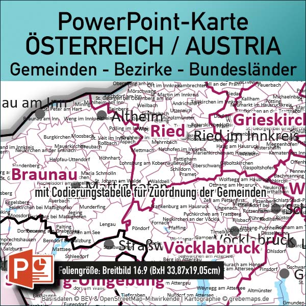 Landkarte PowerPoint Österreich Austria Gemeinden Bezirke Bundesländer Flächen editierbar bearbeitbar einfärbbar einzeln Vektorkarte Karte