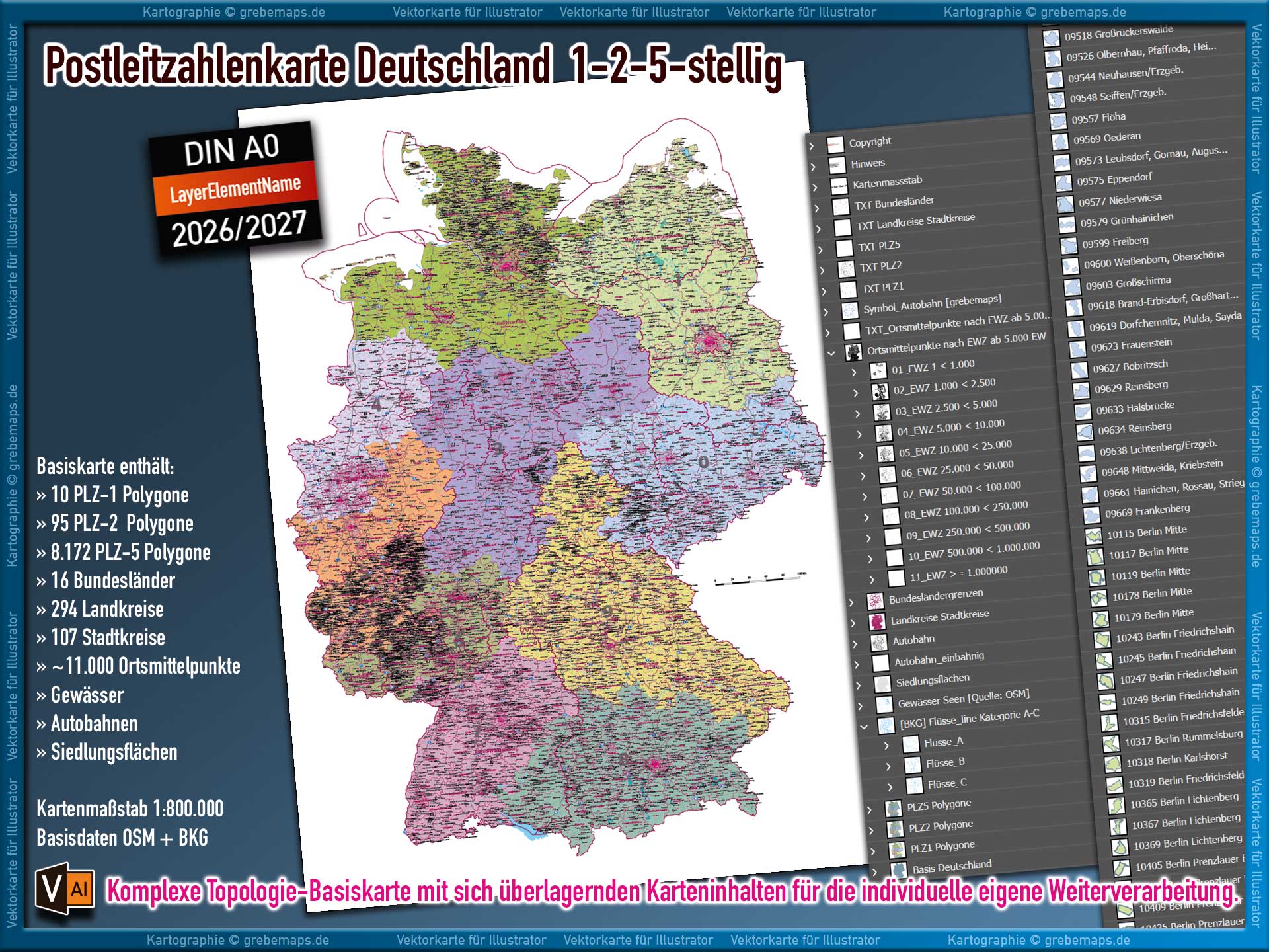 Postleitzahlenkarte Deutschland, Karte PLZ Deutschland, Landkarte Deutschland Postleitzahlen PLZ 5-stellig editierbar AI-Datei ebenen-separiert mit Landkreisen