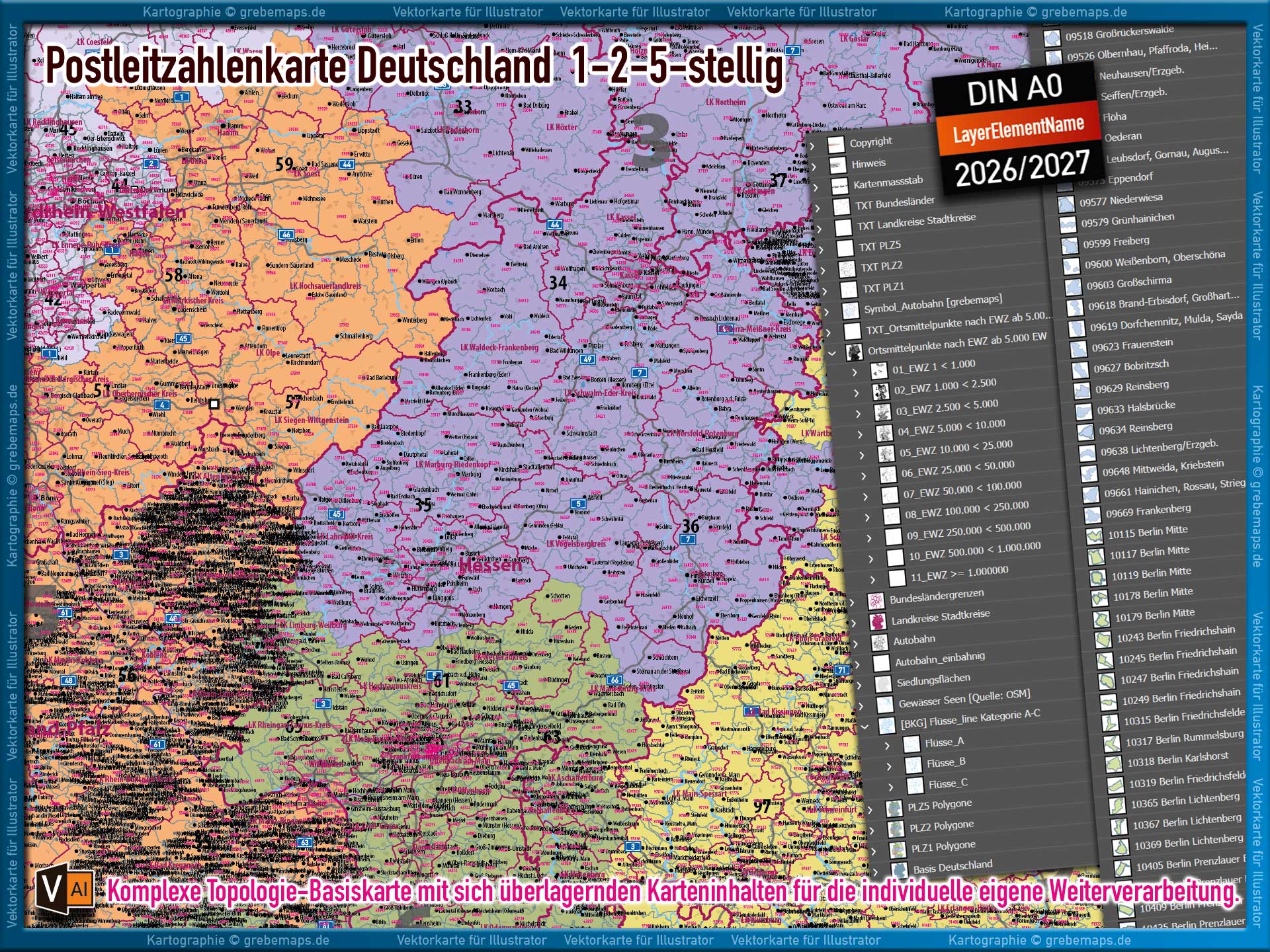 Deutschland Postleitzahlenkarte PLZ-1-2-5 (1-/2-/5-stellig) mit Landkreisen Autobahnen Ortsmittelpunkten Siedlungsflächen Vektorkarte (2026/27) Landkarte [Digital] – Bild 4