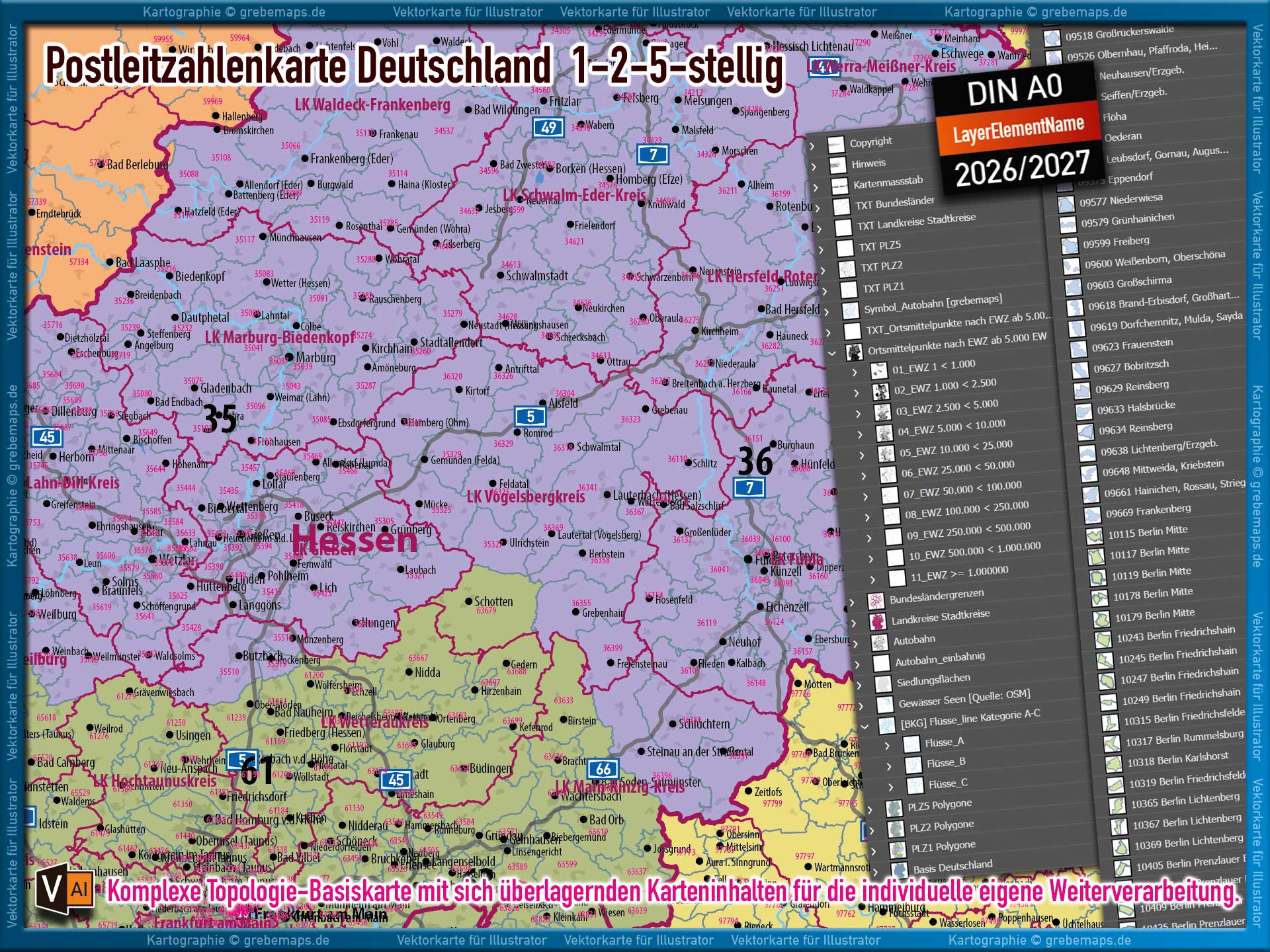 Deutschland Postleitzahlenkarte PLZ-1-2-5 (1-/2-/5-stellig) mit Landkreisen Autobahnen Ortsmittelpunkten Siedlungsflächen Vektorkarte (2026/27) Landkarte [Digital] – Bild 5