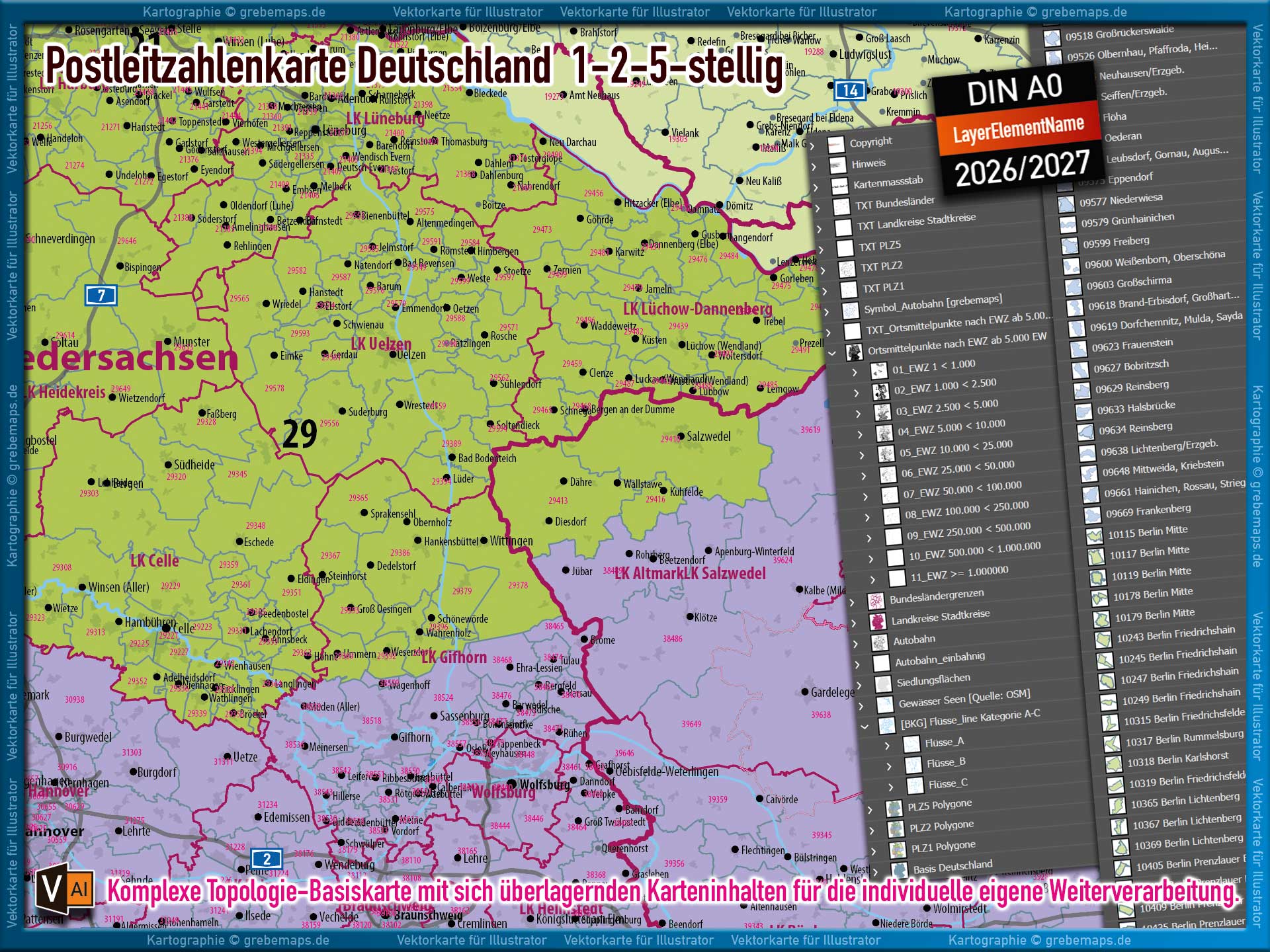 Deutschland Postleitzahlenkarte PLZ-1-2-5 (1-/2-/5-stellig) mit Landkreisen Autobahnen Ortsmittelpunkten Siedlungsflächen Vektorkarte (2026/27) Landkarte [Digital] – Bild 6
