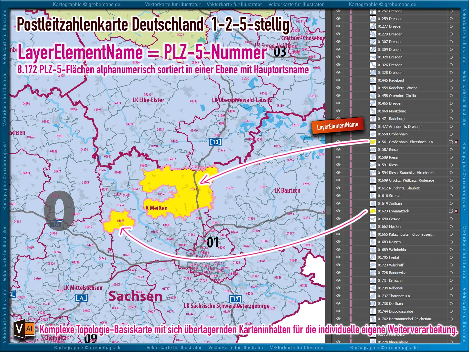 Deutschland Postleitzahlenkarte PLZ-1-2-5 (1-/2-/5-stellig) mit Landkreisen Autobahnen Ortsmittelpunkten Siedlungsflächen Vektorkarte (2026/27) Landkarte [Digital] – Bild 7