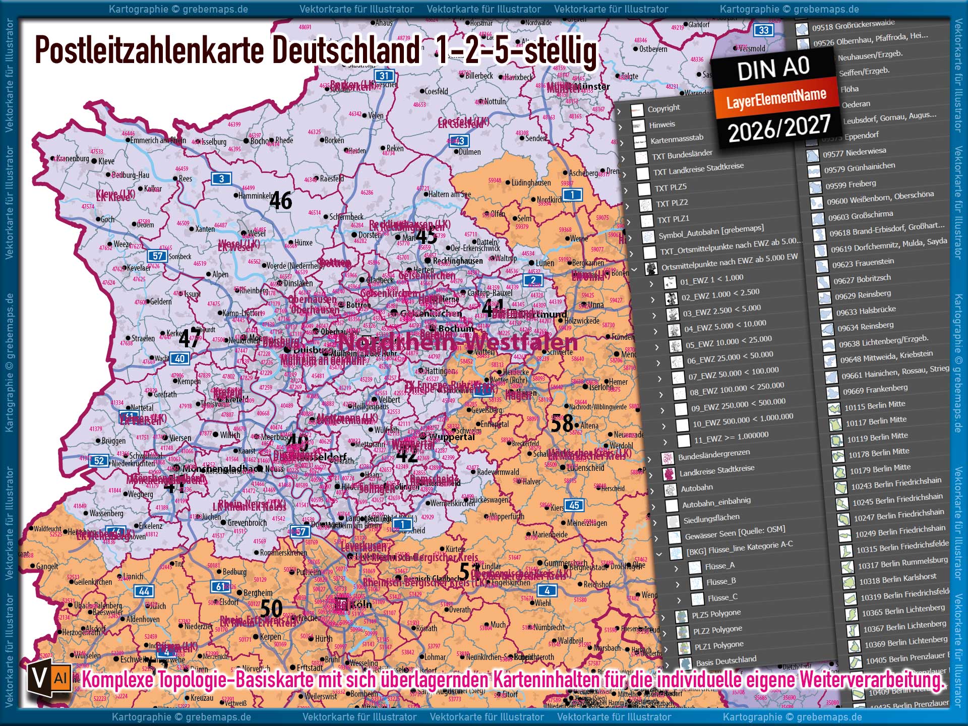 Deutschland Postleitzahlenkarte PLZ-1-2-5 (1-/2-/5-stellig) mit Landkreisen Autobahnen Ortsmittelpunkten Siedlungsflächen Vektorkarte (2026/27) Landkarte [Digital] – Bild 9