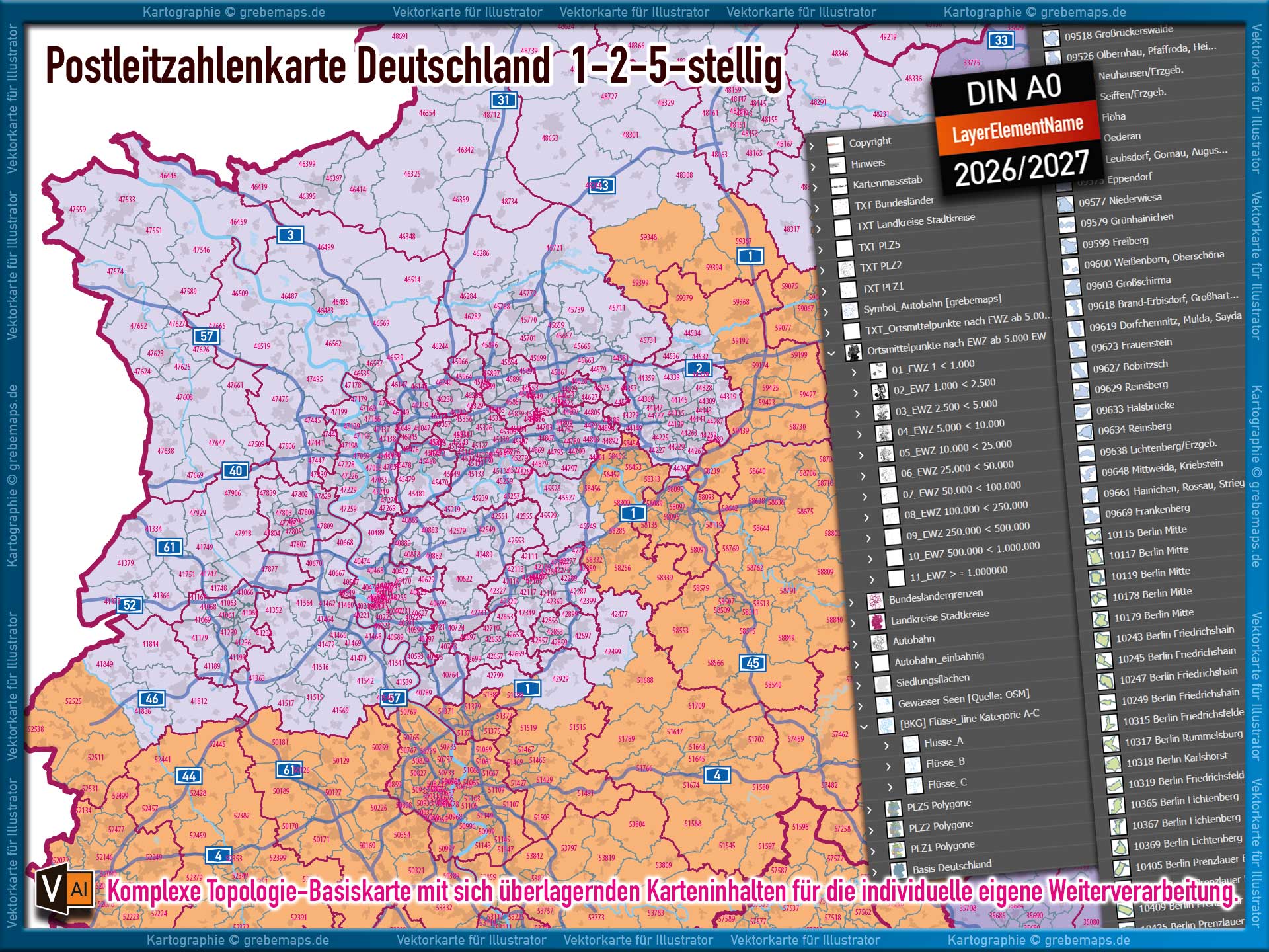 Deutschland Postleitzahlenkarte PLZ-1-2-5 (1-/2-/5-stellig) mit Landkreisen Autobahnen Ortsmittelpunkten Siedlungsflächen Vektorkarte (2026/27) Landkarte [Digital] – Bild 10