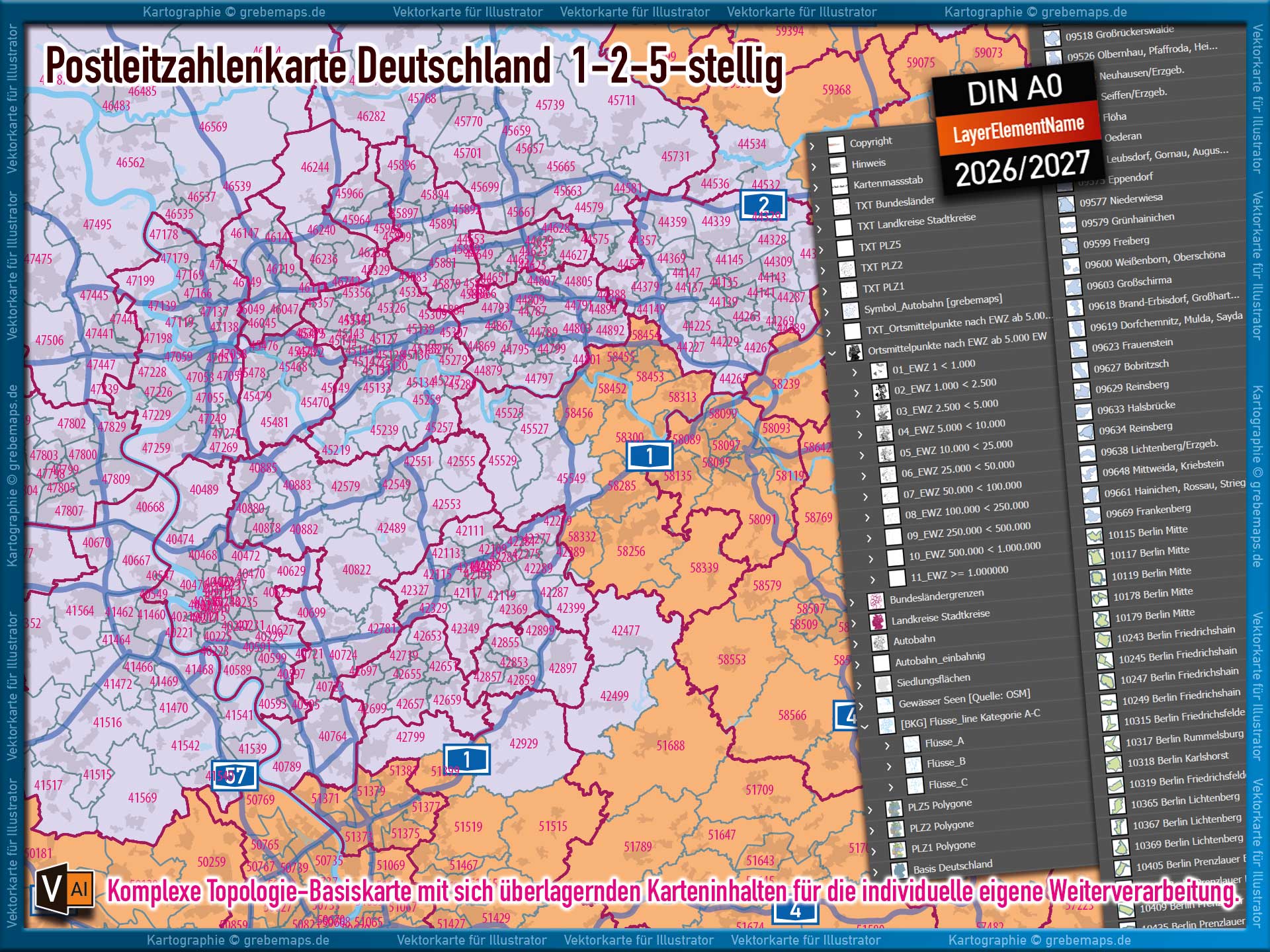 Deutschland Postleitzahlenkarte PLZ-1-2-5 (1-/2-/5-stellig) mit Landkreisen Autobahnen Ortsmittelpunkten Siedlungsflächen Vektorkarte (2026/27) Landkarte [Digital] – Bild 11