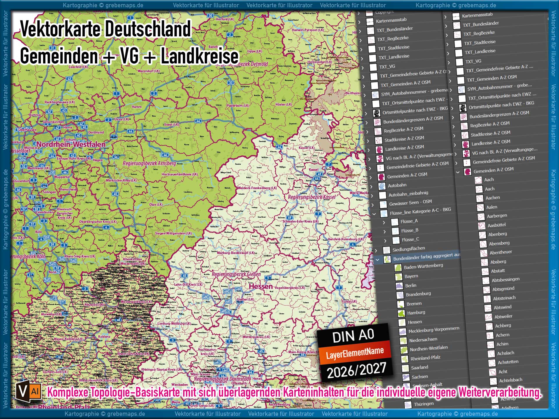 Deutschland Gemeindekarte mit Verwaltungsgemeinschaften Landkreisen Stadtkreisen Regierungsbezirken Bundesländern Autobahnen Ortsmittelpunkten Siedlungsflächen Vektorkarte (2026/27) Landkarte [Digital] – Bild 8