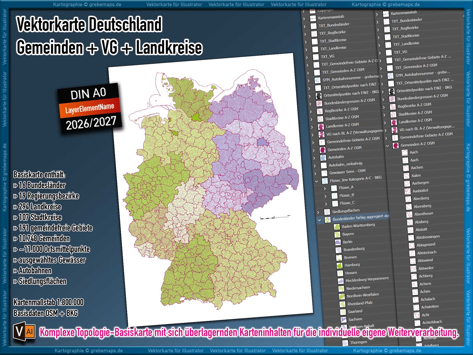Landkarte Karte Vektorkarte Deutschland Gemeinden Verwaltungsgemeinschaften Verbandsgemeinden Landkreise Stadtkreise Regierungsbezirke Bundesländer editierbar ebenen-separiert AI-Datei download Gemeindekarte Deutschland