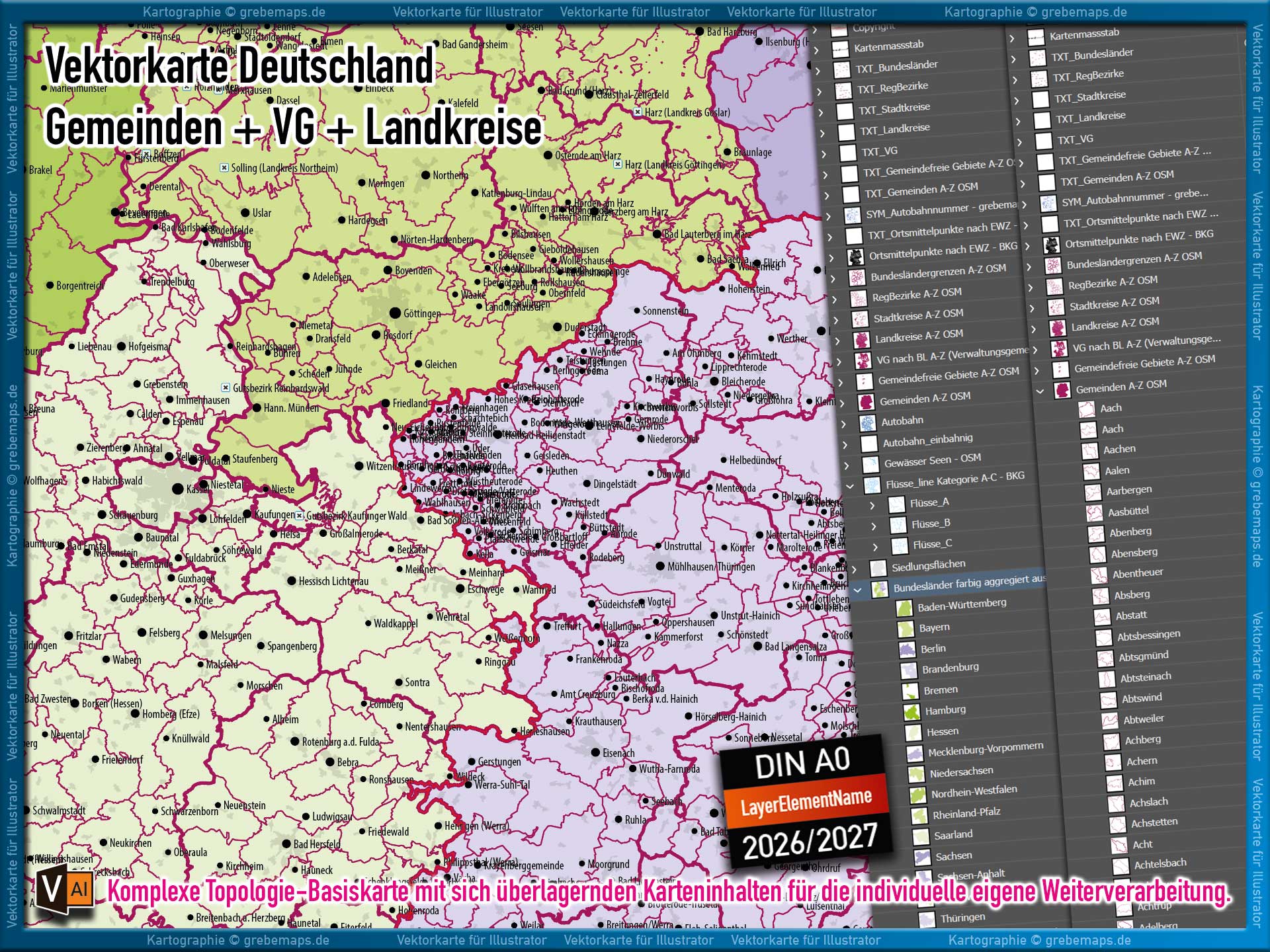 Deutschland Gemeindekarte mit Verwaltungsgemeinschaften Landkreisen Stadtkreisen Regierungsbezirken Bundesländern Autobahnen Ortsmittelpunkten Siedlungsflächen Vektorkarte (2026/27) Landkarte [Digital] – Bild 4