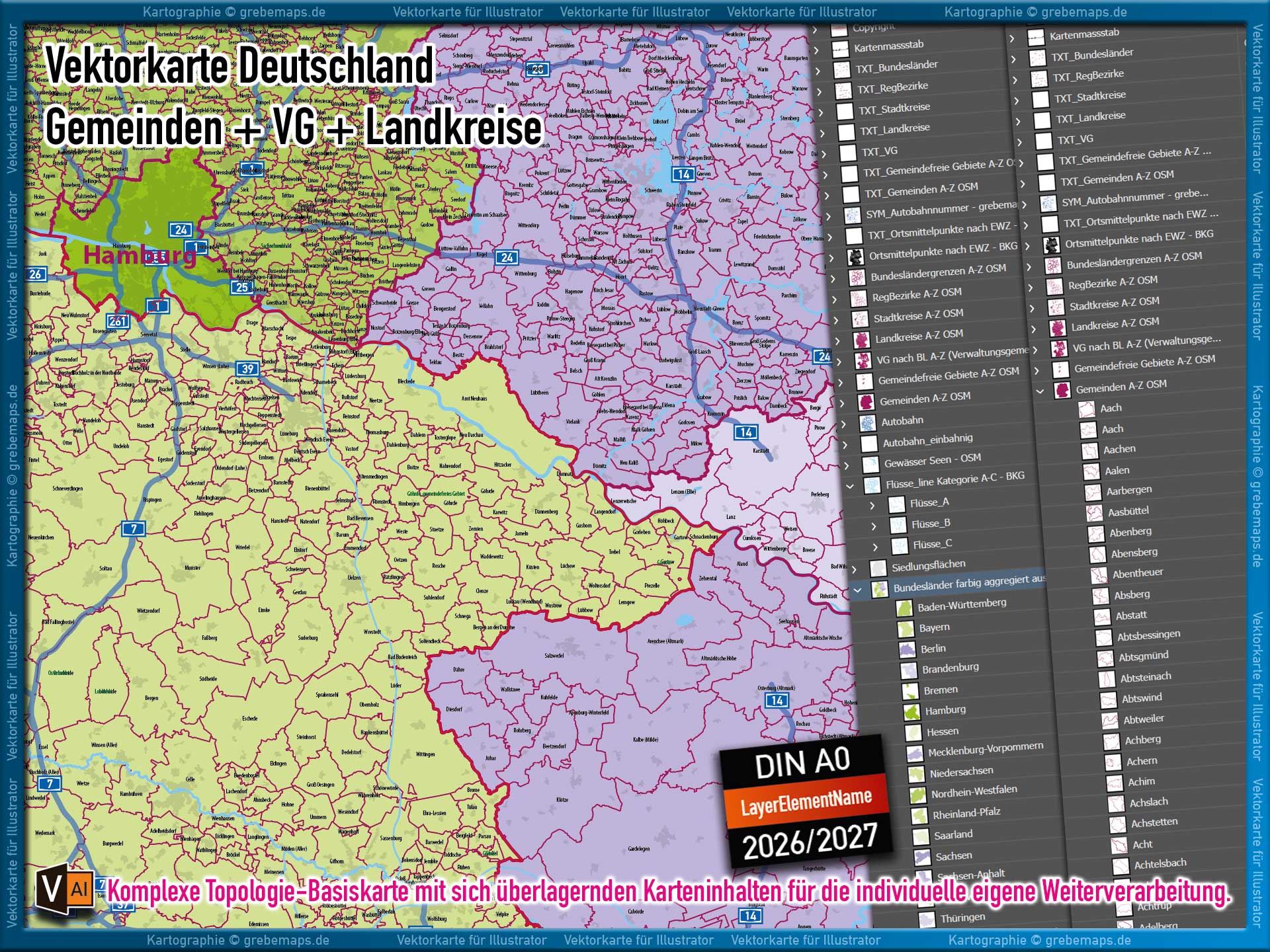 Deutschland Gemeindekarte mit Verwaltungsgemeinschaften Landkreisen Stadtkreisen Regierungsbezirken Bundesländern Autobahnen Ortsmittelpunkten Siedlungsflächen Vektorkarte (2026/27) Landkarte [Digital] – Bild 5