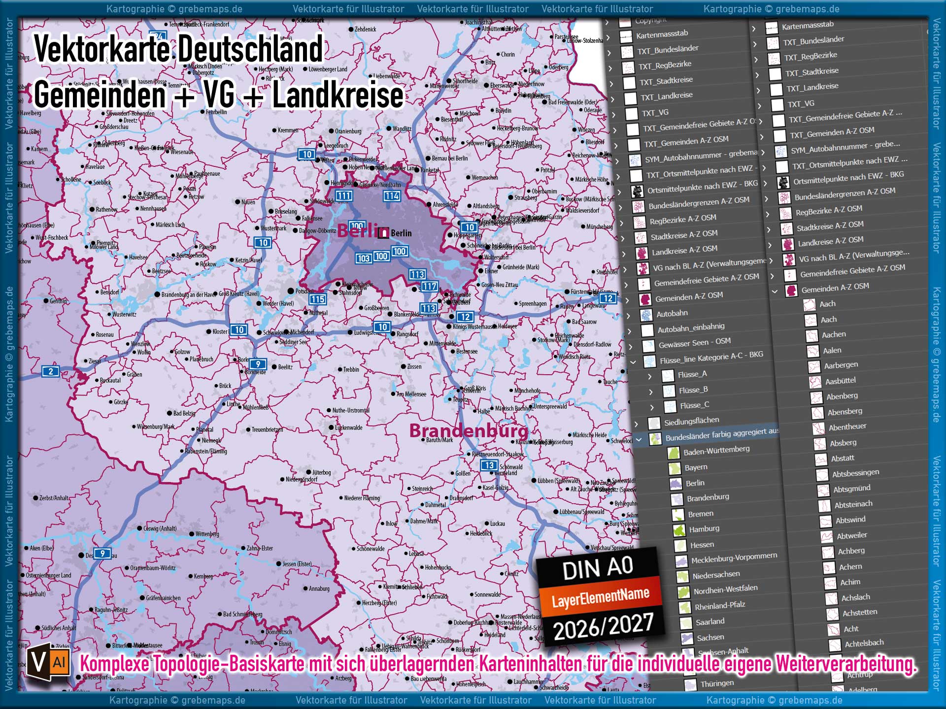 Deutschland Gemeindekarte mit Verwaltungsgemeinschaften Landkreisen Stadtkreisen Regierungsbezirken Bundesländern Autobahnen Ortsmittelpunkten Siedlungsflächen Vektorkarte (2026/27) Landkarte [Digital] – Bild 6