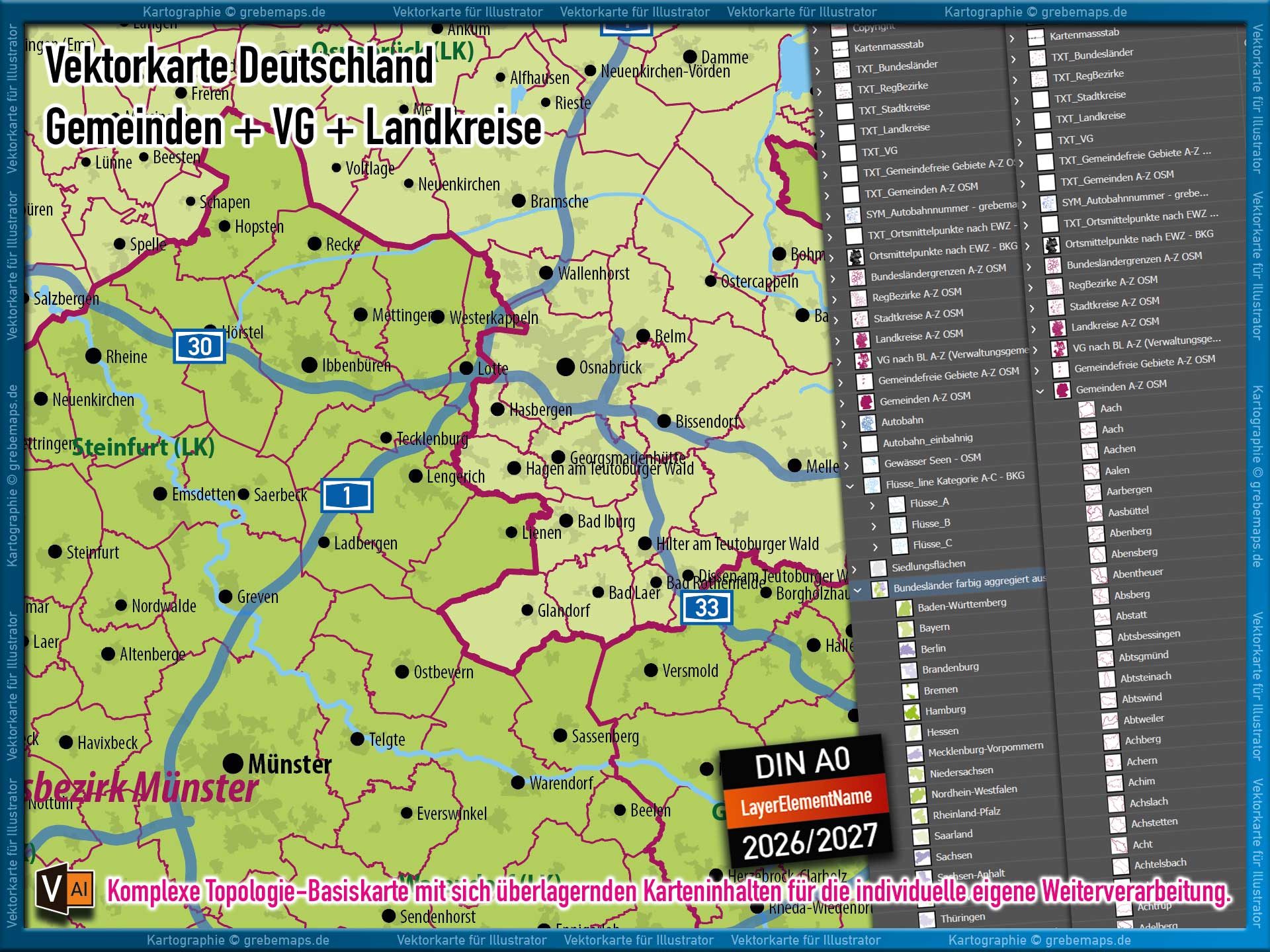 Deutschland Gemeindekarte mit Verwaltungsgemeinschaften Landkreisen Stadtkreisen Regierungsbezirken Bundesländern Autobahnen Ortsmittelpunkten Siedlungsflächen Vektorkarte (2026/27) Landkarte [Digital] – Bild 7