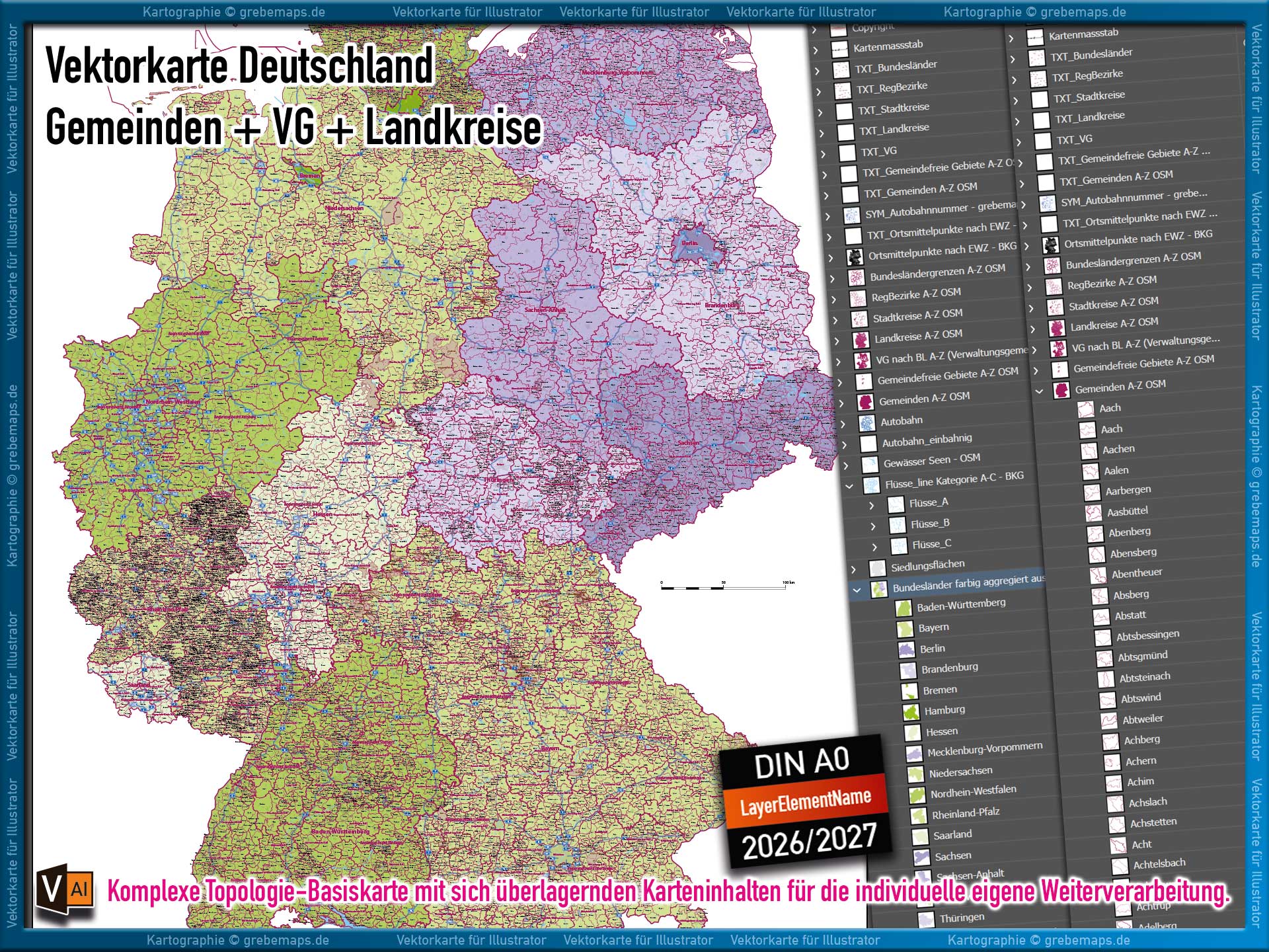 Deutschland Gemeindekarte mit Verwaltungsgemeinschaften Landkreisen Stadtkreisen Regierungsbezirken Bundesländern Autobahnen Ortsmittelpunkten Siedlungsflächen Vektorkarte (2026/27) Landkarte [Digital] – Bild 9