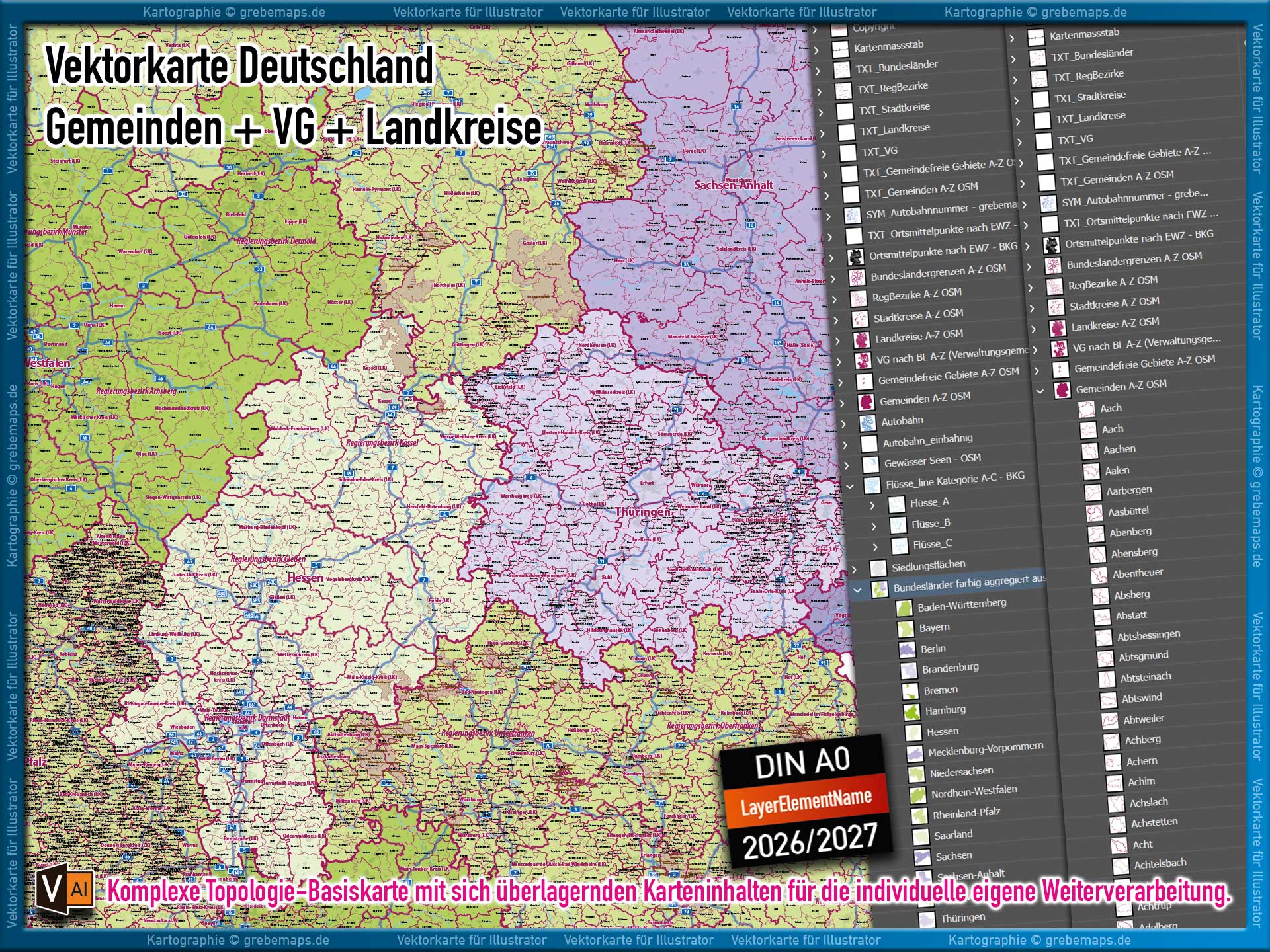 Deutschland Gemeindekarte mit Verwaltungsgemeinschaften Landkreisen Stadtkreisen Regierungsbezirken Bundesländern Autobahnen Ortsmittelpunkten Siedlungsflächen Vektorkarte (2026/27) Landkarte [Digital] – Bild 10