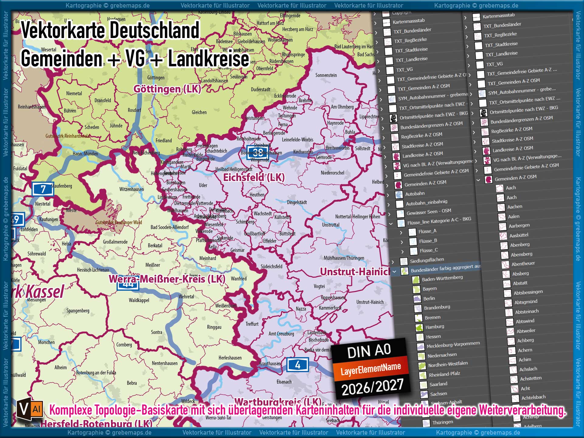 Deutschland Gemeindekarte mit Verwaltungsgemeinschaften Landkreisen Stadtkreisen Regierungsbezirken Bundesländern Autobahnen Ortsmittelpunkten Siedlungsflächen Vektorkarte (2026/27) Landkarte [Digital] – Bild 11