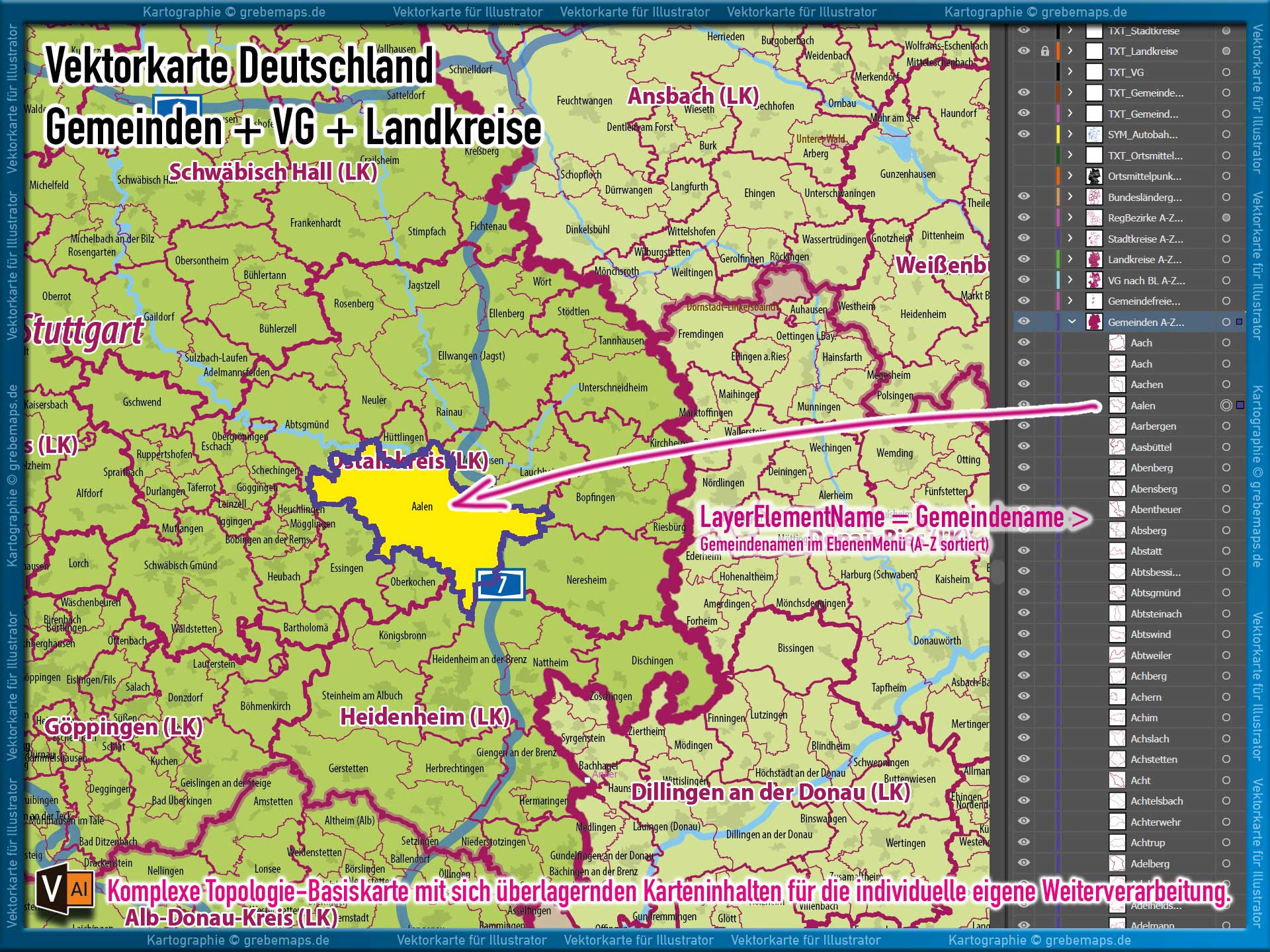 Deutschland Gemeindekarte mit Verwaltungsgemeinschaften Landkreisen Stadtkreisen Regierungsbezirken Bundesländern Autobahnen Ortsmittelpunkten Siedlungsflächen Vektorkarte (2026/27) Landkarte [Digital] – Bild 12