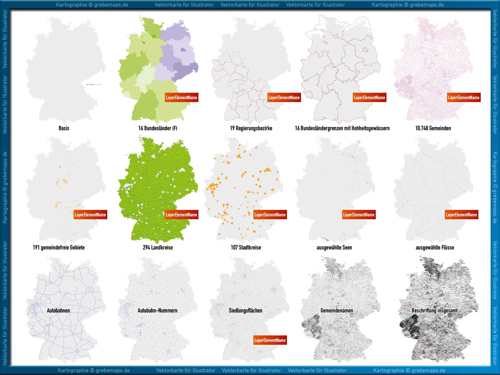 Deutschland Gemeindekarte mit Verwaltungsgemeinschaften Landkreisen Stadtkreisen Regierungsbezirken Bundesländern Autobahnen Ortsmittelpunkten Siedlungsflächen Vektorkarte (2026/27) Landkarte [Digital] – Bild 13