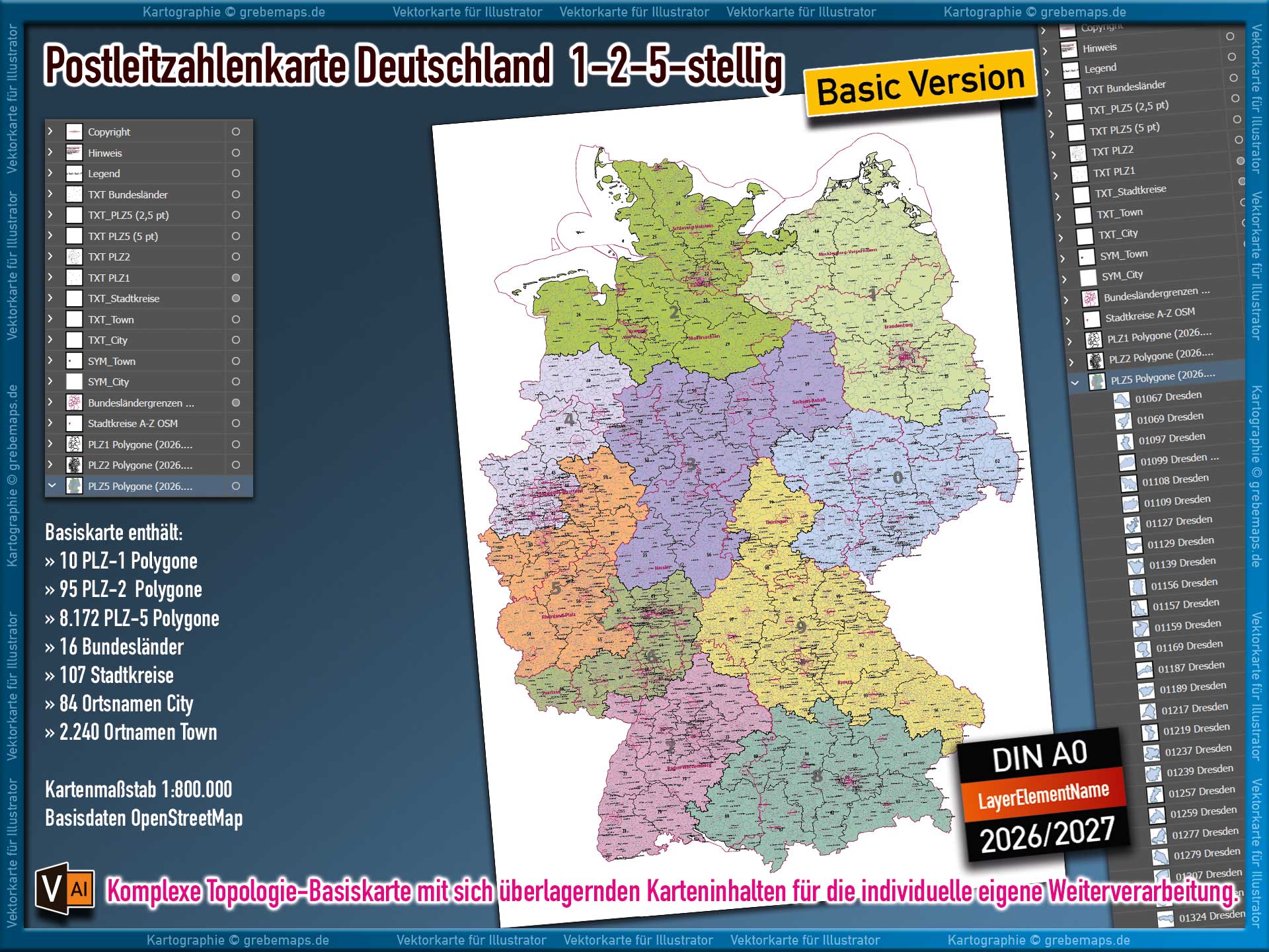 Karte Postleitzahlen Deutschland, PLZ-Karte Deutschland, Vektorkarte, Landkarte, vector map, plz 5-stellig, Postleitzahlengebiete, PLZ-Gebiete PLZ-Flächen editierbar ebenen-separiert AI-Datei PLZ-Karte