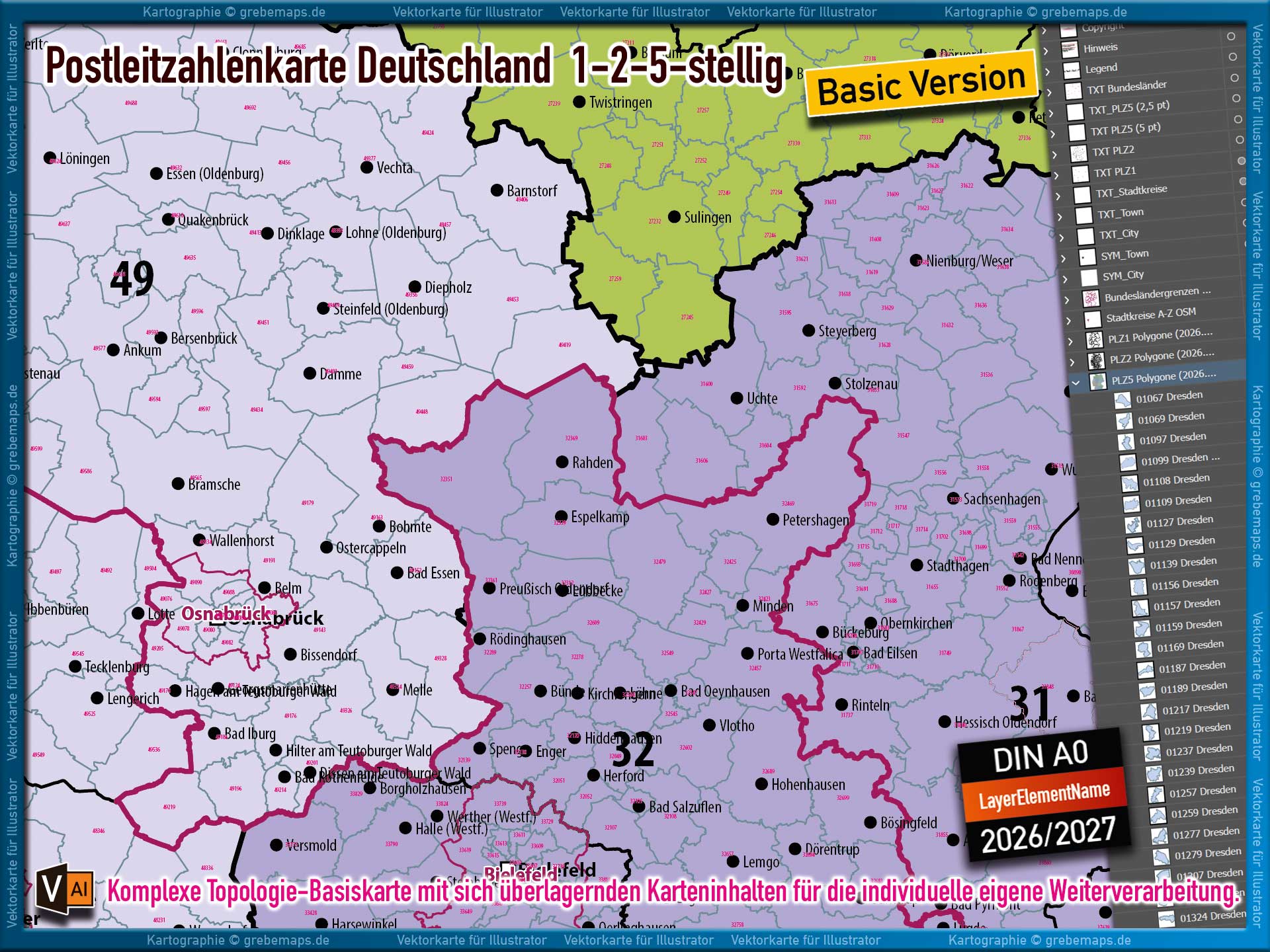 Deutschland Postleitzahlenkarte PLZ-1-2-5 (1-/2-/5-stellig) Vektorkarte Landkarte (2026/27) - BASIC-VERSION [Digital] – Bild 4