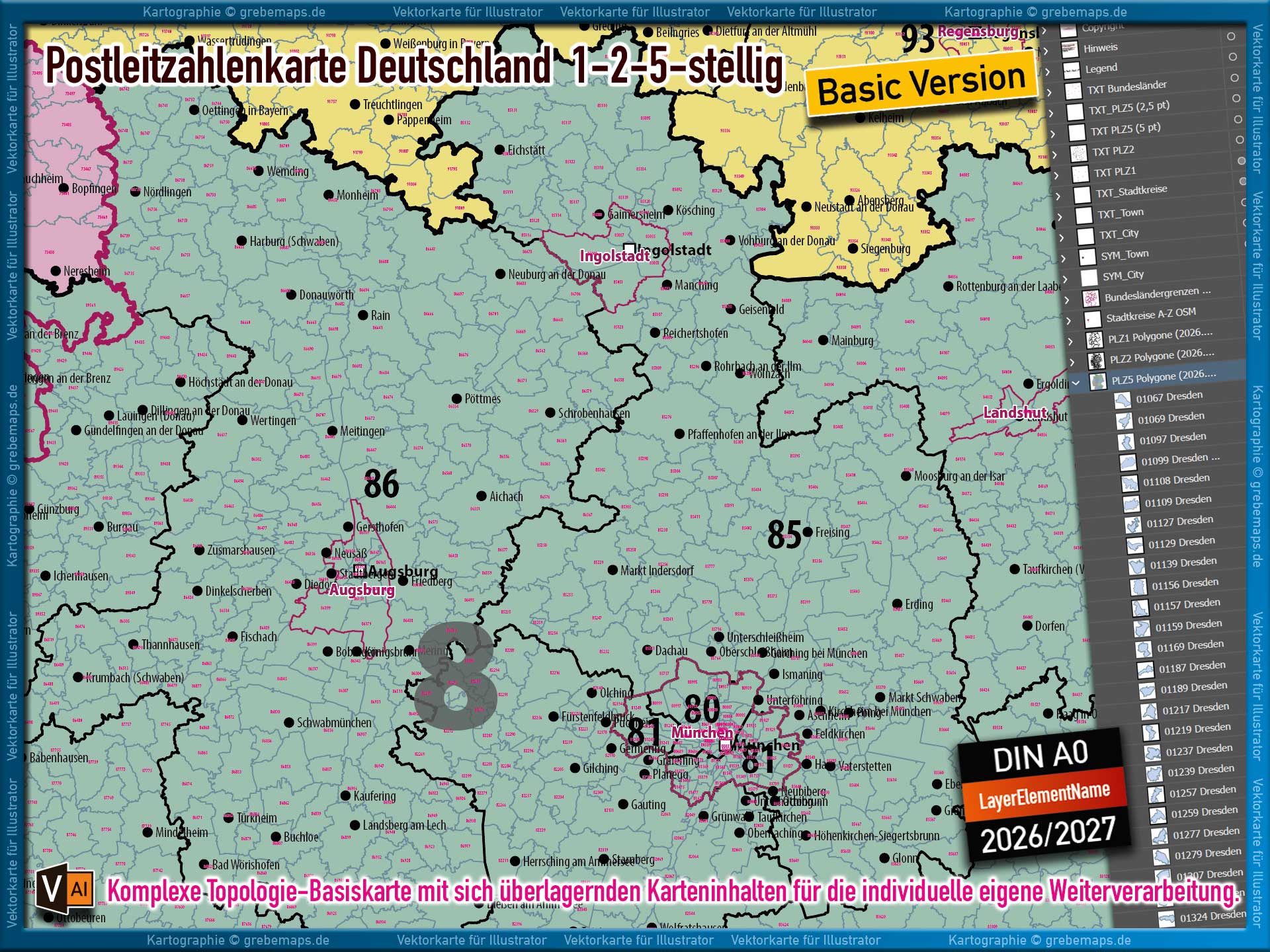 Deutschland Postleitzahlenkarte PLZ-1-2-5 (1-/2-/5-stellig) Vektorkarte Landkarte (2026/27) - BASIC-VERSION [Digital] – Bild 8