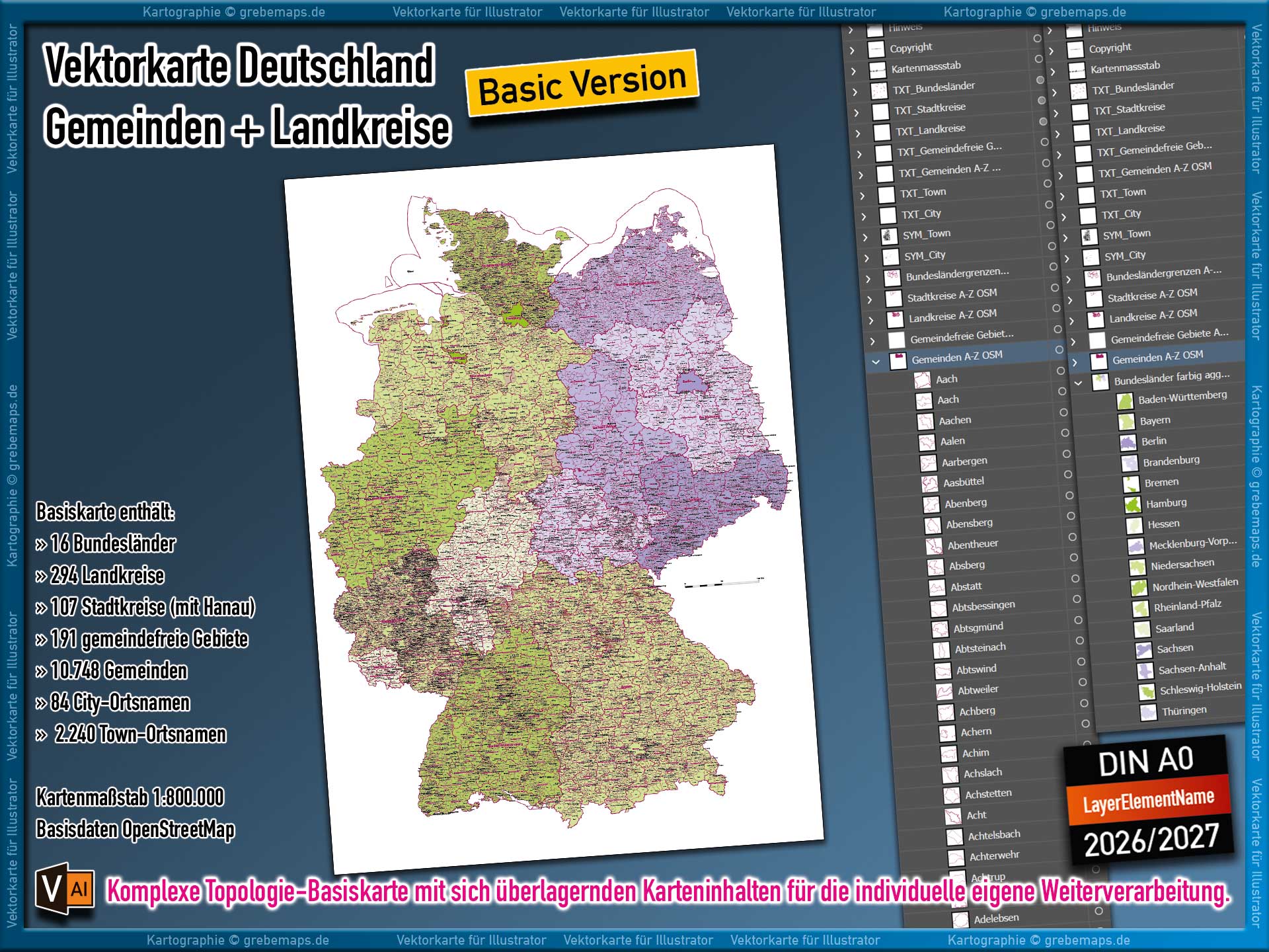 Karte Gemeinden Deutschland, Gemeindekarte, Vektorkarte Landkarte vector map germany gemeinden Gemeindeflächen editierbar einfärbbar einzeln map germany Landkreise Stadtkreise