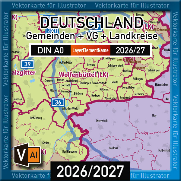 Deutschland Gemeindekarte mit Verwaltungsgemeinschaften Landkreisen Stadtkreisen Regierungsbezirken Bundesländern Autobahnen Ortsmittelpunkten Siedlungsflächen Vektorkarte (2026/27) Landkarte [Digital] – Bild 2
