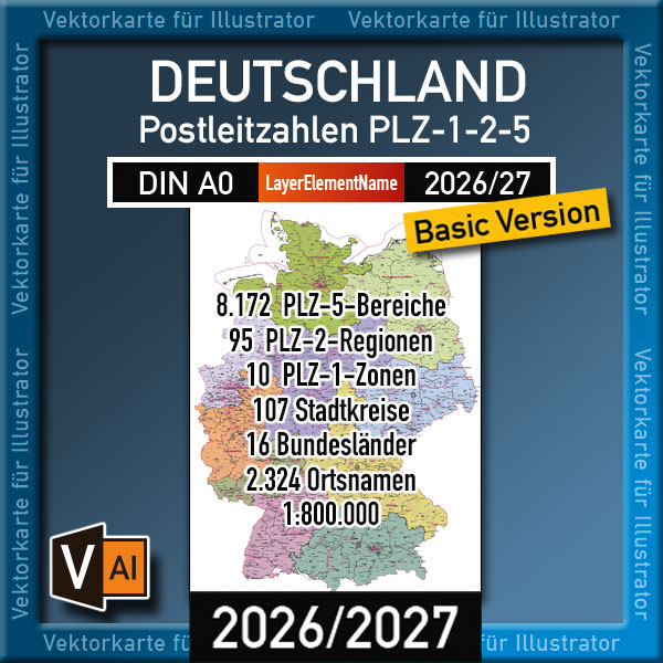 Karte Postleitzahlen Deutschland, PLZ-Karte Deutschland, Vektorkarte, Landkarte, vector map, plz 5-stellig, Postleitzahlengebiete, PLZ-Gebiete PLZ-Flächen editierbar ebenen-separiert AI-Datei PLZ-Karte