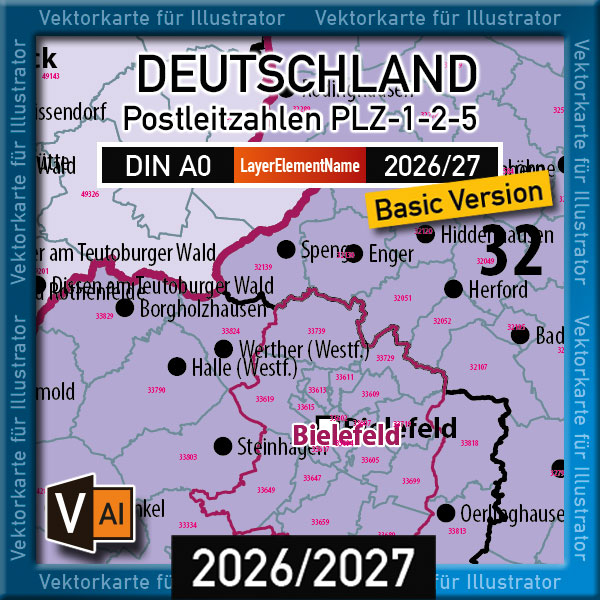 Deutschland Postleitzahlenkarte PLZ-1-2-5 (1-/2-/5-stellig) Vektorkarte Landkarte (2026/27) - BASIC-VERSION [Digital] – Bild 2