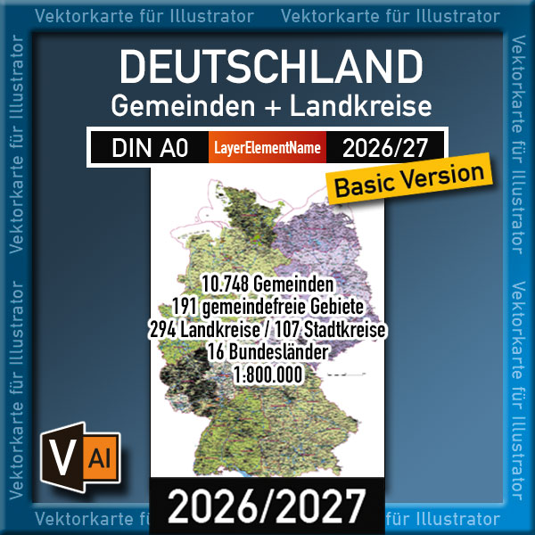 Karte Gemeinden Deutschland, Gemeindekarte, Vektorkarte Landkarte vector map germany gemeinden Gemeindeflächen editierbar einfärbbar einzeln map germany Landkreise Stadtkreise